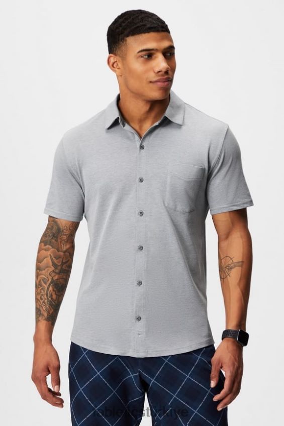 tr Fabletics erkekler çizgi kısa kollu düğme yukarı klasik gri melanj 40R06B3539