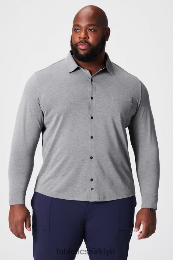 tr Fabletics erkekler çizgi uzun kollu düğme yukarı klasik gri melanj 40R06B3585