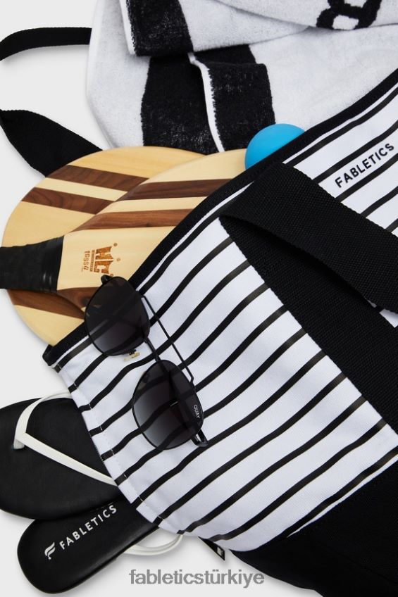 tr Fabletics kadınlar kanvas pazar çantası fransız siyah şerit 40R06B2917