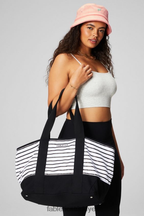 tr Fabletics kadınlar kanvas pazar çantası fransız siyah şerit 40R06B2917