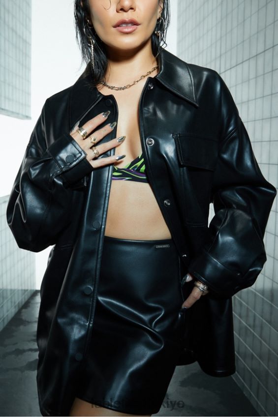 tr Fabletics kadınlar büyük beden vegan deri gömlek ceket siyah 40R06B2801