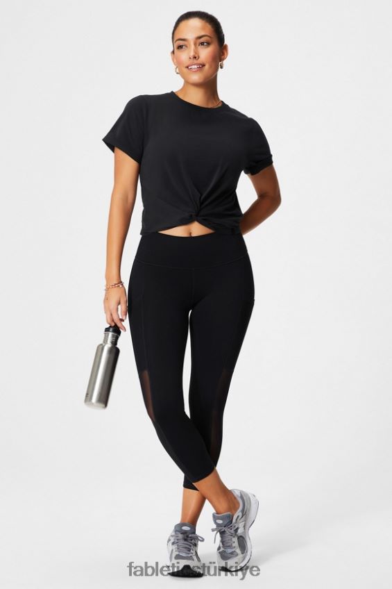 tr Fabletics kadınlar %100 pamuk büküm düğümlü tişört siyah 40R06B1944