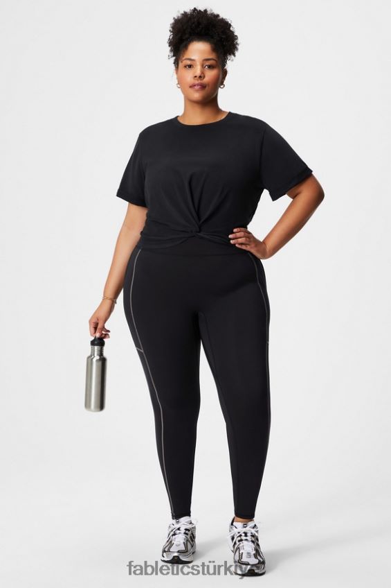 tr Fabletics kadınlar %100 pamuk büküm düğümlü tişört siyah 40R06B1957