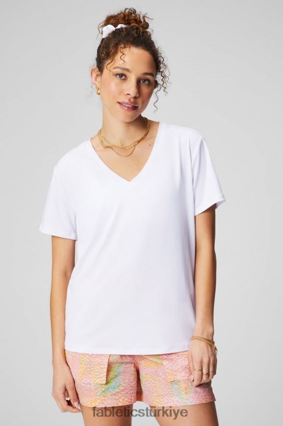 tr Fabletics kadınlar dry-flex v yaka kısa kollu tişört klasik beyaz 40R06B1958
