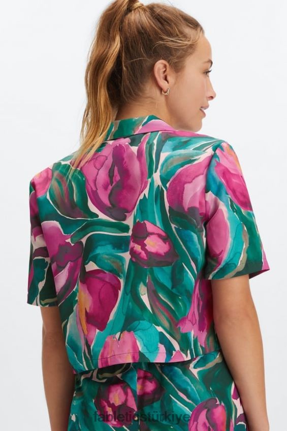 tr Fabletics kadınlar uyku düğmesi aşağı boyalı laleler 40R06B2033