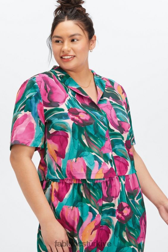 tr Fabletics kadınlar uyku düğmesi aşağı boyalı laleler 40R06B2034