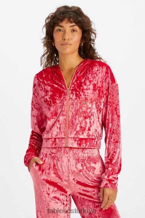 tr Fabletics kadınlar ezilmiş kadife fermuarlı kapşonlu çilek kırmızısı 40R06B2487