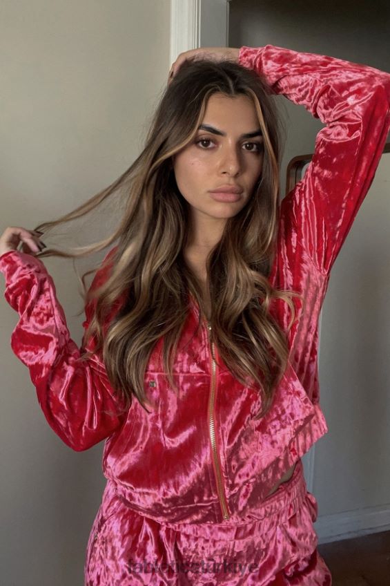 tr Fabletics kadınlar ezilmiş kadife fermuarlı kapşonlu çilek kırmızısı 40R06B2487