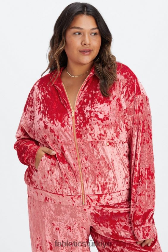 tr Fabletics kadınlar ezilmiş kadife fermuarlı kapşonlu çilek kırmızısı 40R06B2488
