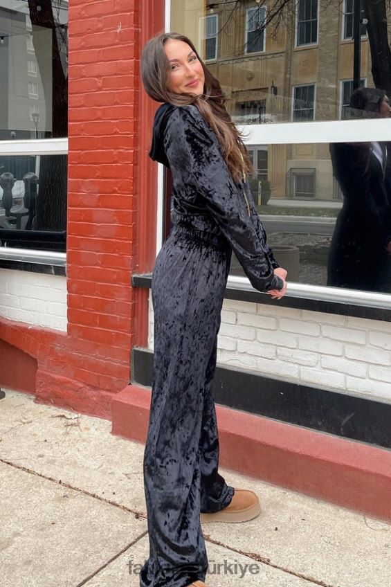 tr Fabletics kadınlar ezilmiş kadife fermuarlı kapşonlu siyah 40R06B2484