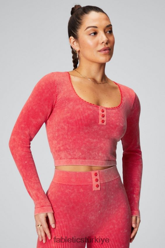 tr Fabletics kadınlar uzun kollu örgü top yıkanmış çilek kırmızısı 40R06B2608