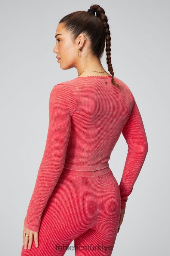tr Fabletics kadınlar uzun kollu örgü top yıkanmış çilek kırmızısı 40R06B2608