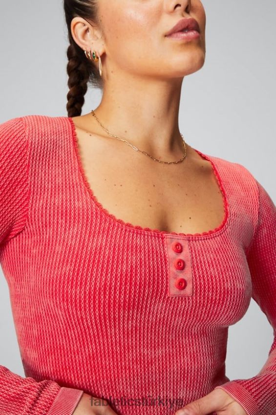 tr Fabletics kadınlar uzun kollu örgü top yıkanmış çilek kırmızısı 40R06B2608
