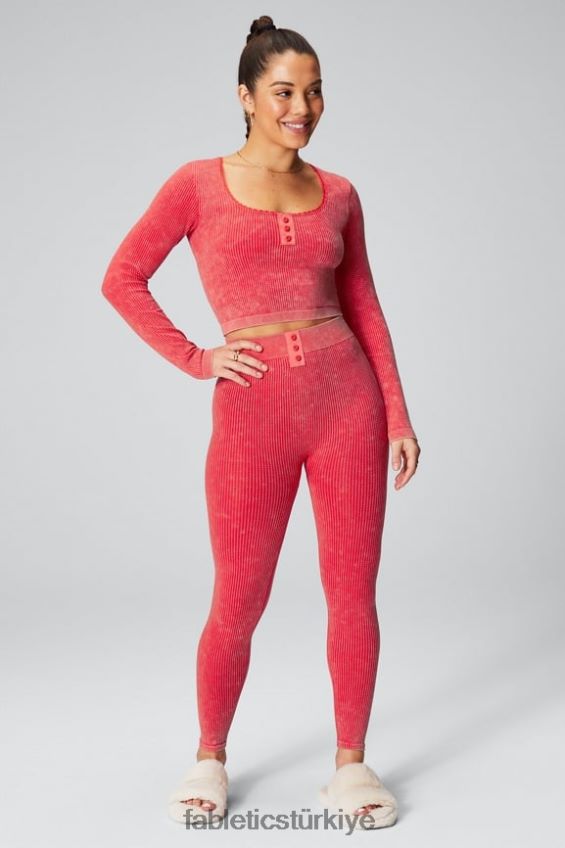 tr Fabletics kadınlar uzun kollu örgü top yıkanmış çilek kırmızısı 40R06B2608